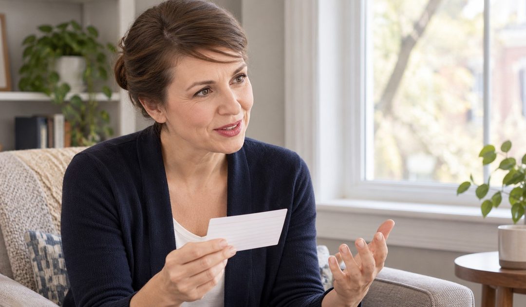 A brown-haired woman with her hair in a neat bun practices a clear statement from a small note card while seated near a townhouse window.