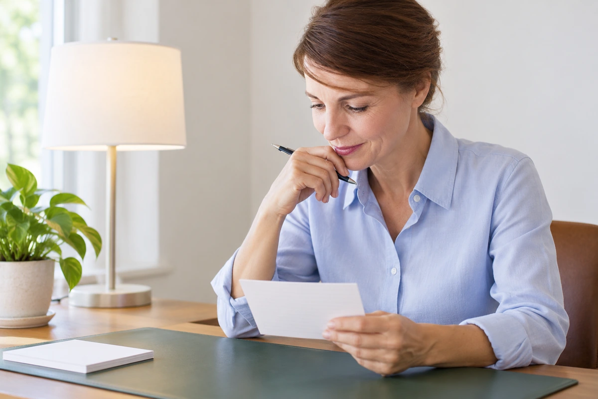 Woman reviewing a notecard before a conversation at a simple writing desk